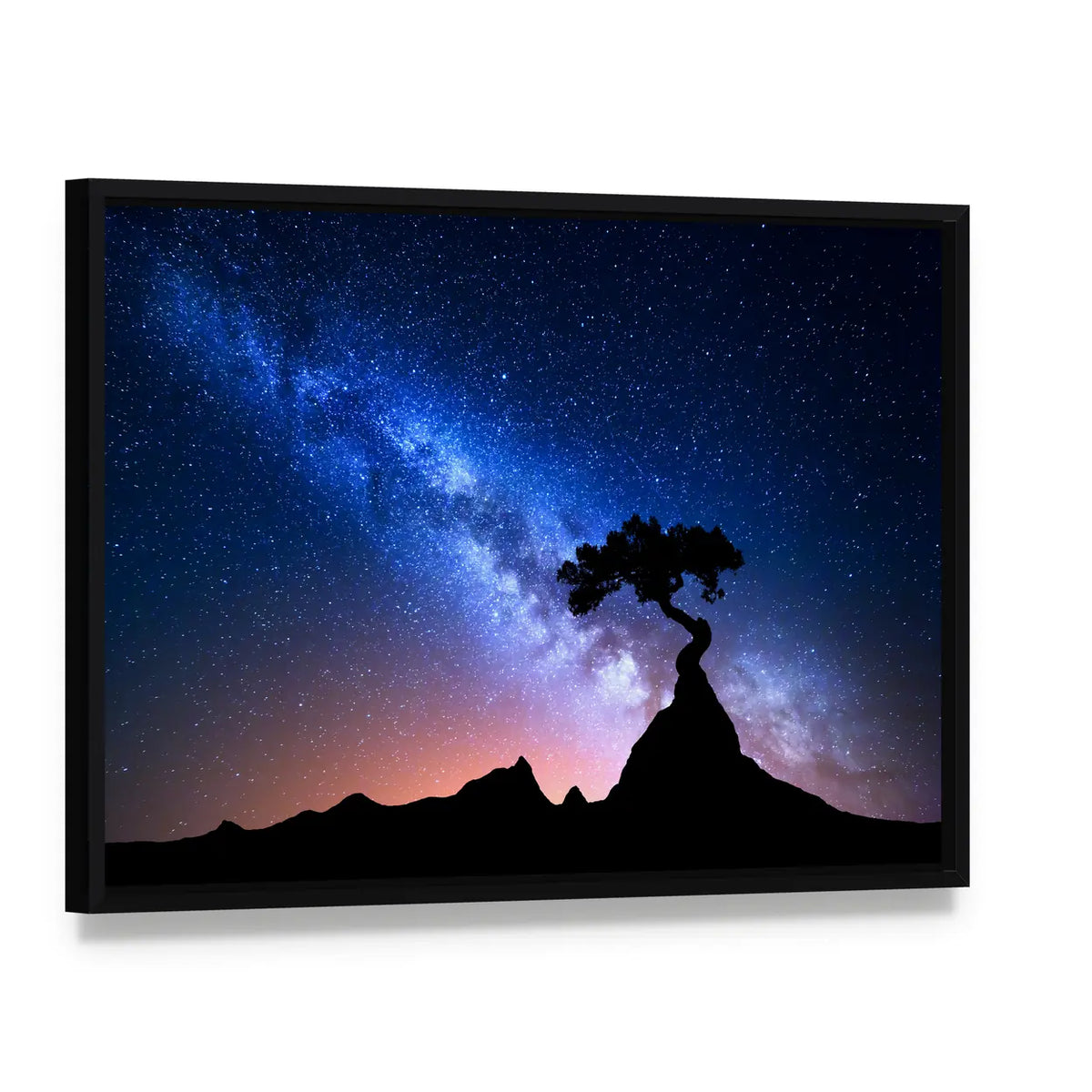 Alone Tree Under Starry Sky Canvas Wall Art, framed canvas in a black floater frame, angled product view