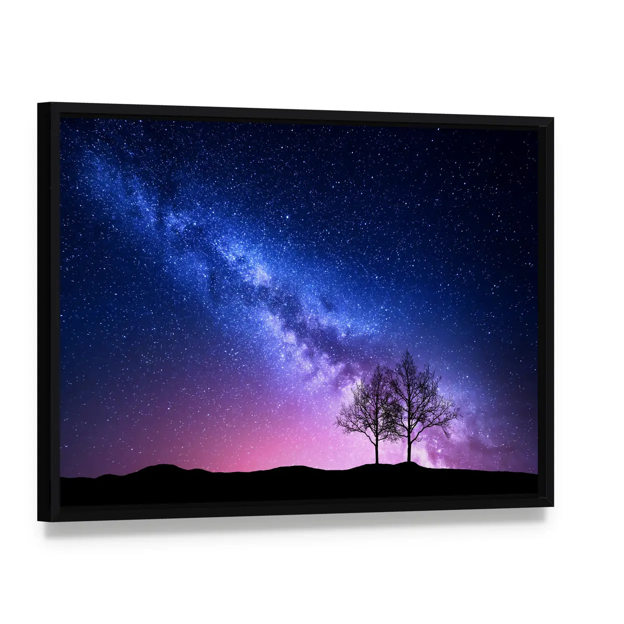 Starry Sky With Pink Milky Way Canvas Wall Art, framed canvas in a black floater frame, angled product view