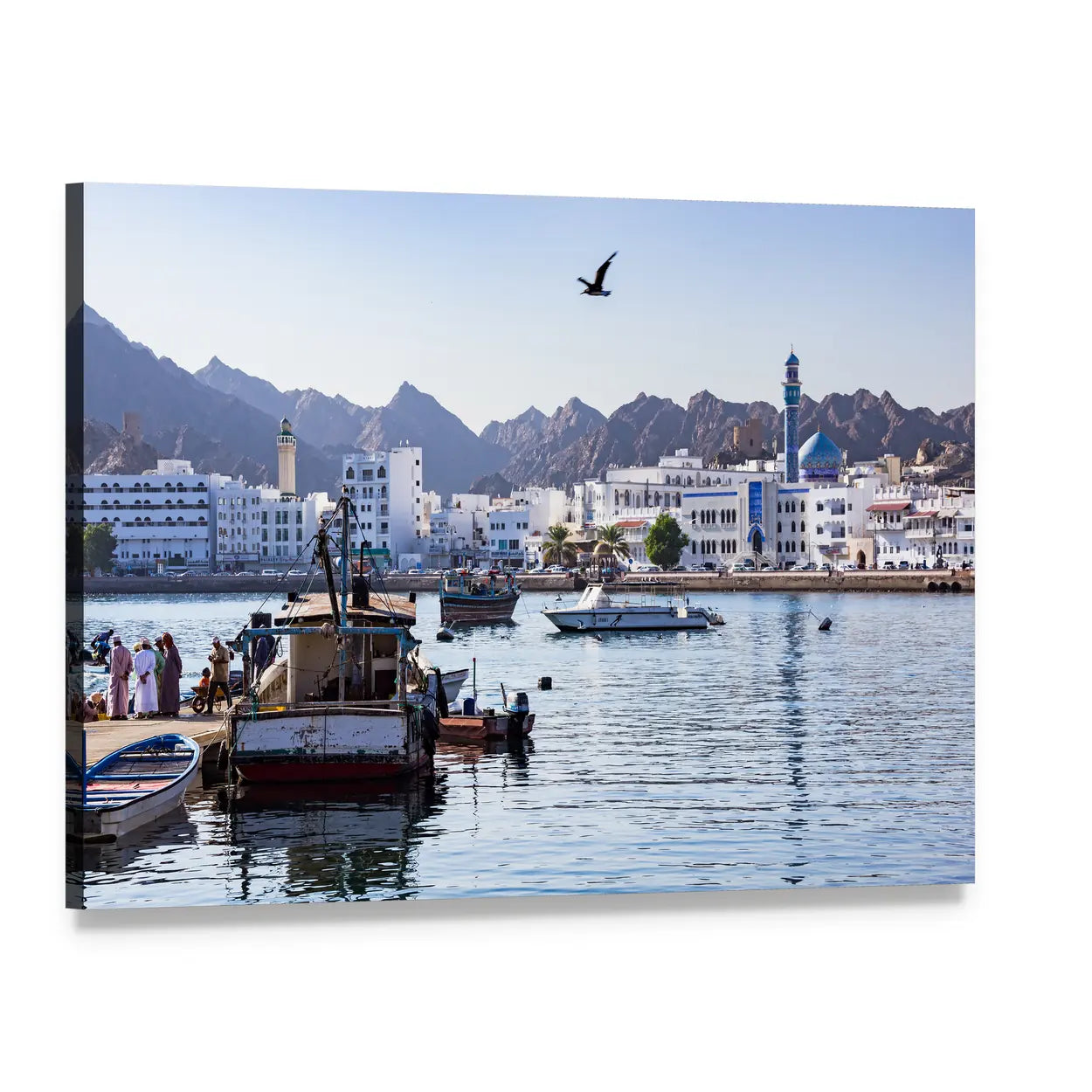 Muttrah Fish Docks Canvas Wall Art, single panel gallery wrapped canvas, angled product view