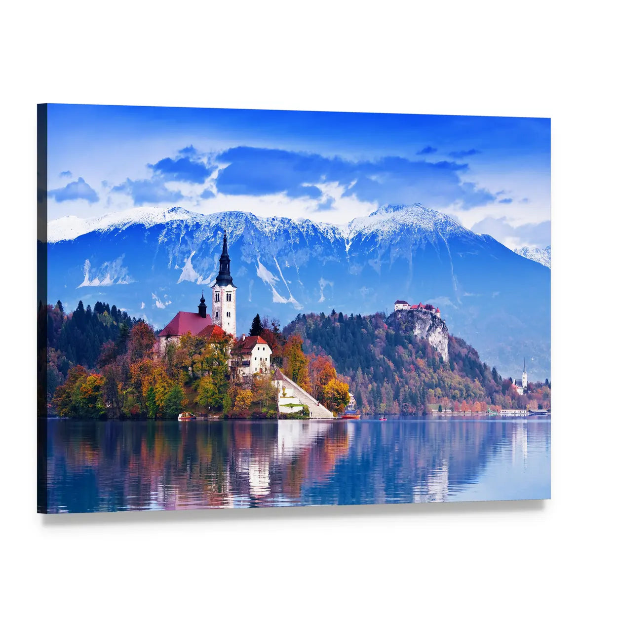 Lake Bled Island Church and Castle Canvas Wall Art, single panel gallery wrapped canvas, angled product view