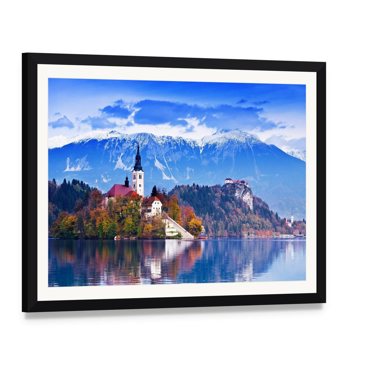 Lake Bled, Slovenia Canvas Wall Art, framed print with white mat and black frame, angled product view