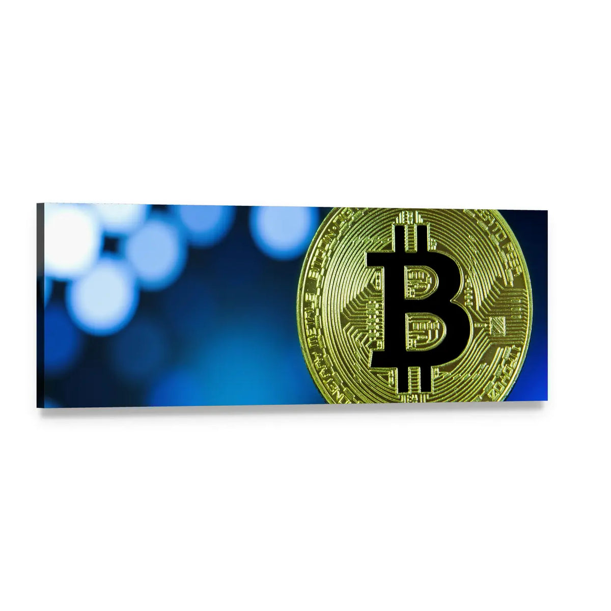 Golden Bitcoin on Keyboard Panoramic Canvas Wall Art, single panel gallery wrapped canvas, angled product view