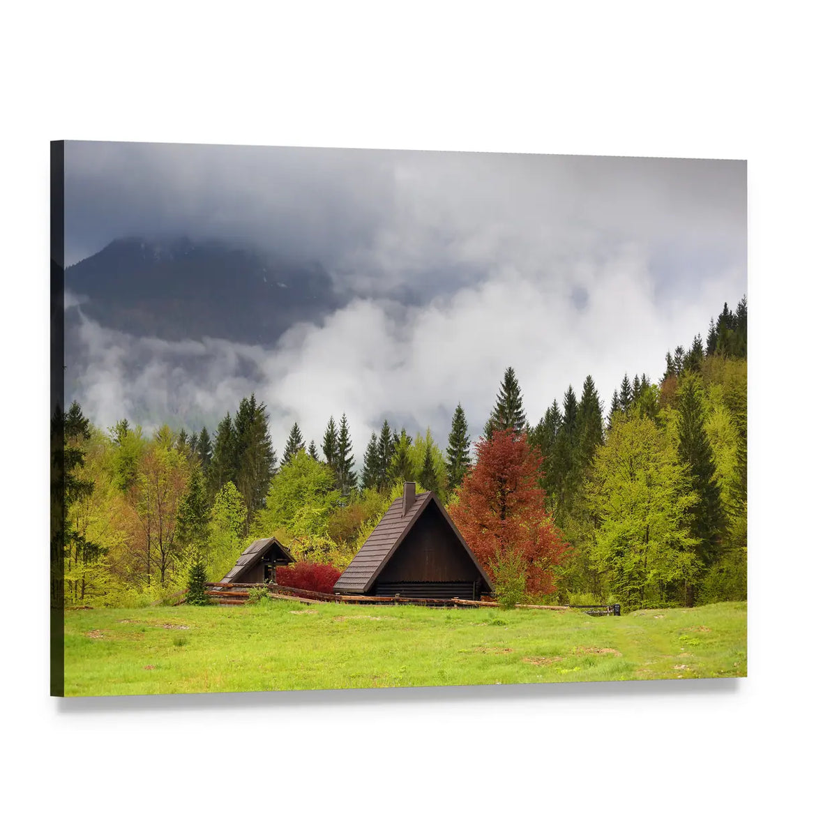 Misty Mountain Cabin Landscape Canvas Wall Art, single panel gallery wrapped canvas, angled product view
