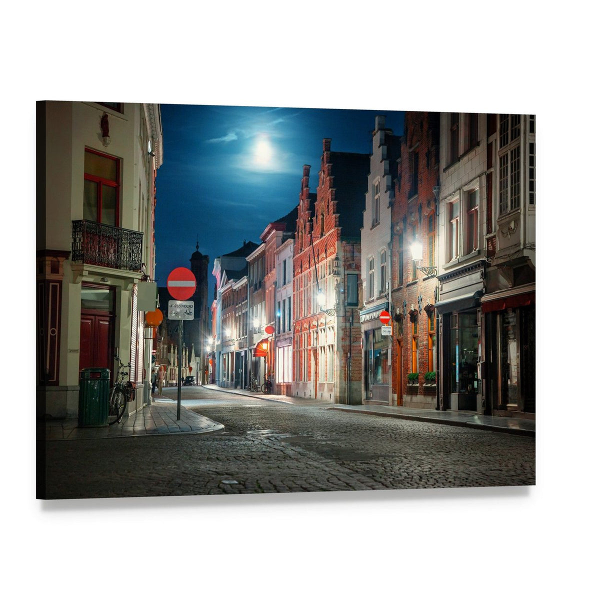 Moonlit Street in Brugge, Belgium Canvas Wall Art, single panel gallery wrapped canvas, angled product view