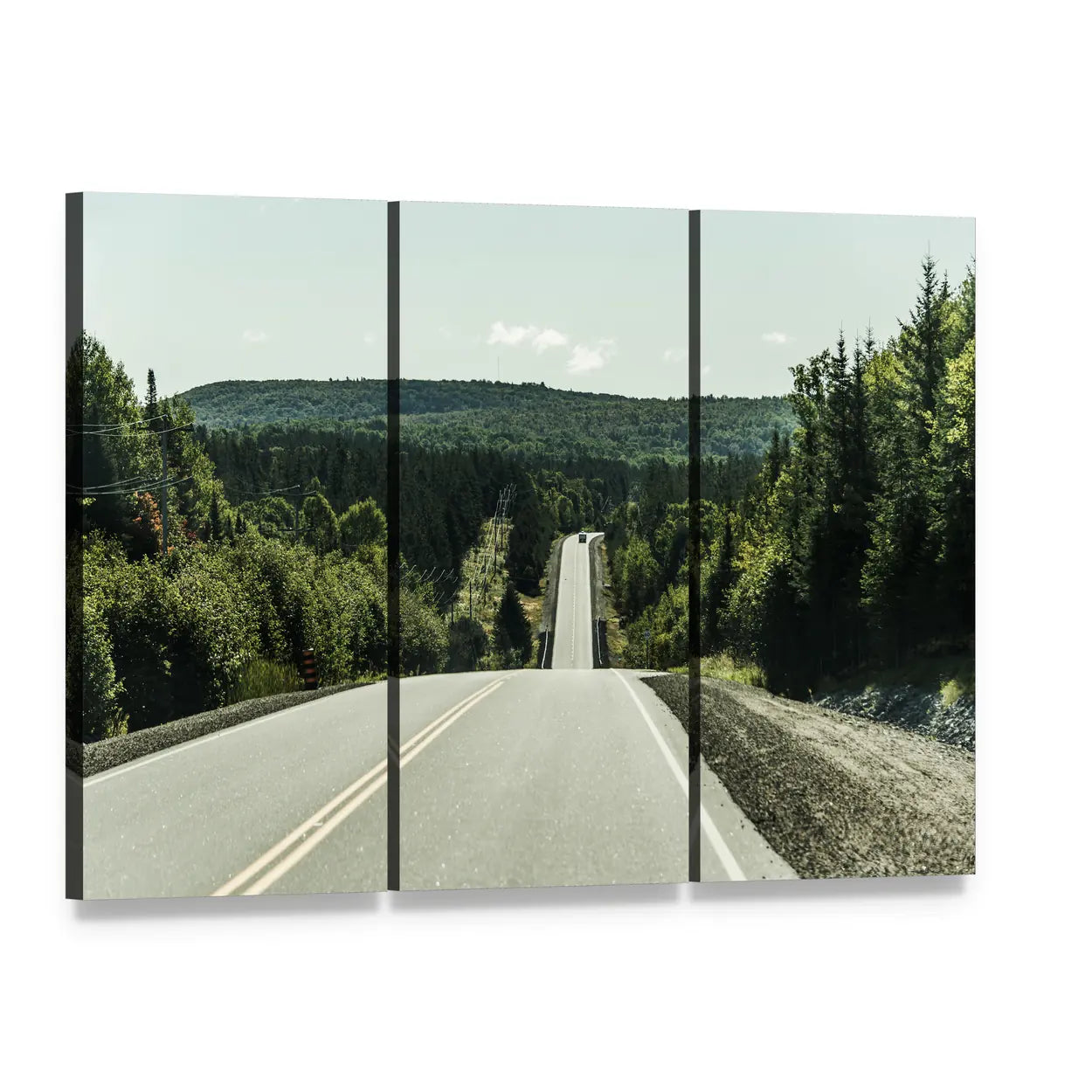 Road Through Algonquin Provincial Park Canvas Wall Art, 3 panel 3 Horizontal layout gallery wrapped canvas set, angled product view