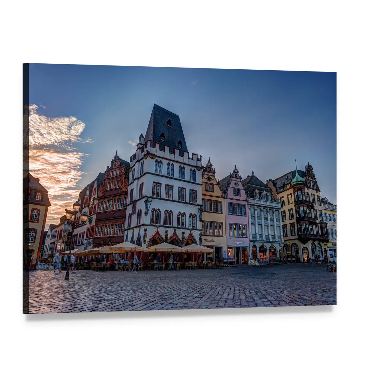 Historic House Facades on Cobblestone Square Canvas Wall Art, single panel gallery wrapped canvas, angled product view
