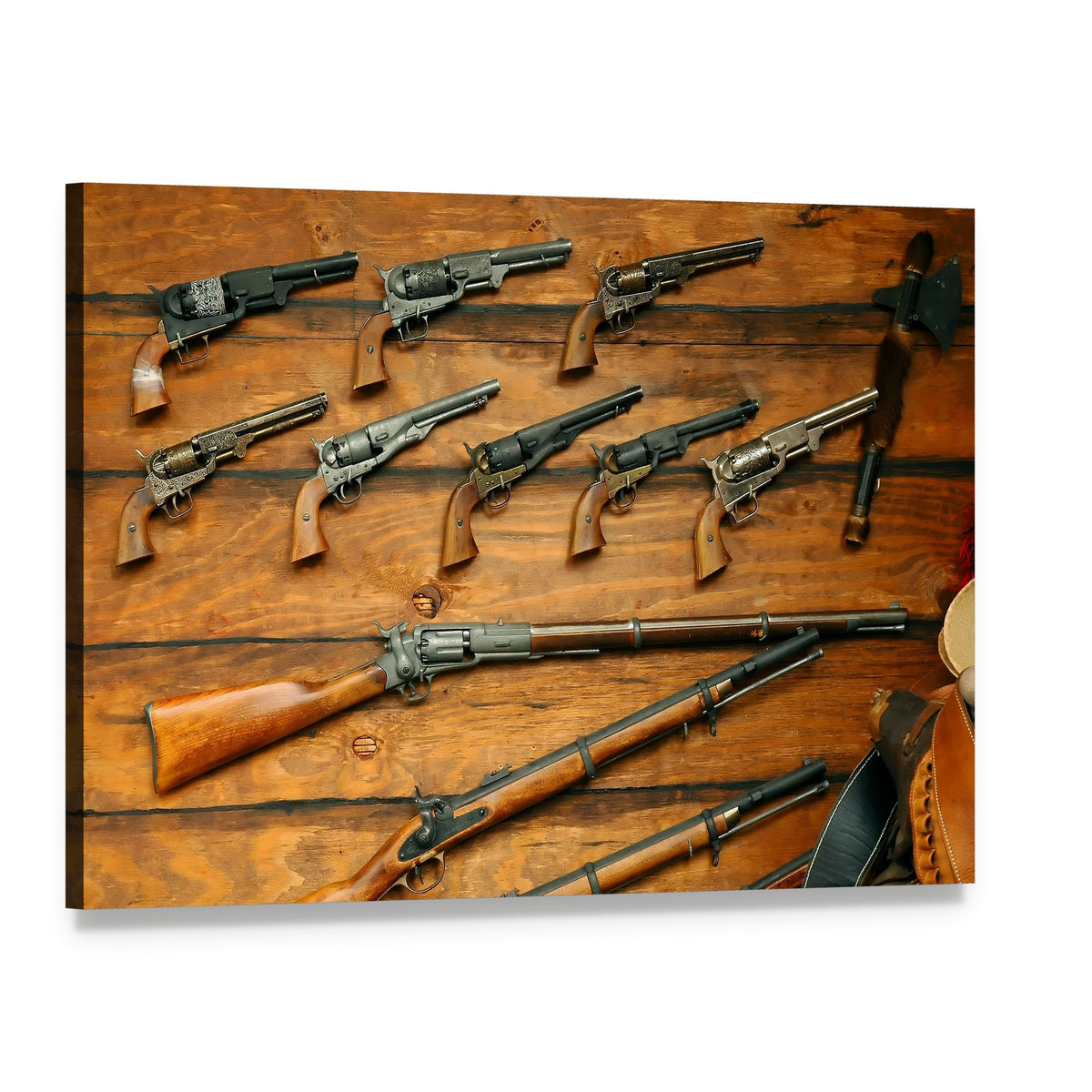 Vintage Collection of Revolvers and Rifles Canvas Wall Art, single panel gallery wrapped canvas, angled product view