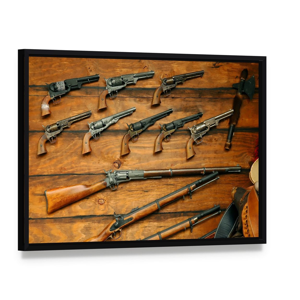 Vintage Collection of Revolvers and Rifles Canvas Wall Art, framed canvas in a black floater frame, angled product view
