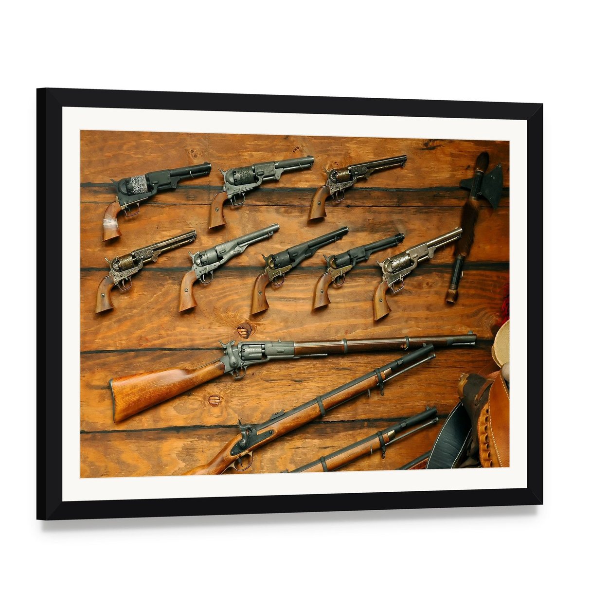 Vintage Collection of Revolvers and Rifles Canvas Wall Art, framed print with white mat and black frame, angled product view
