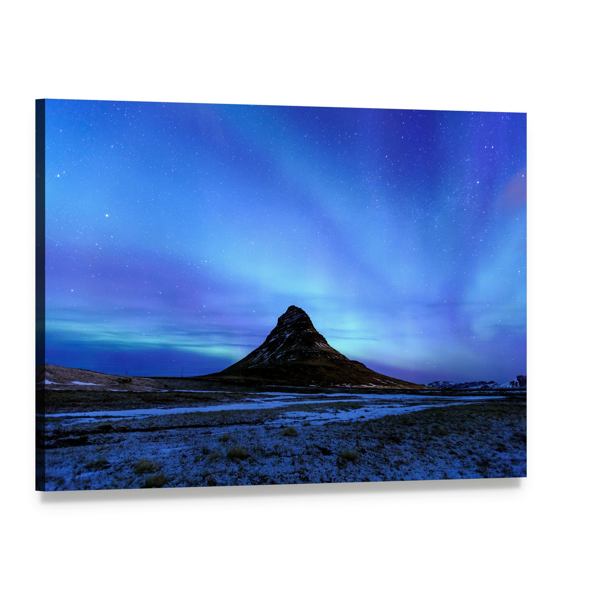 Kirkjufell and Aurora Borealis Canvas Wall Art, single panel gallery wrapped canvas, angled product view