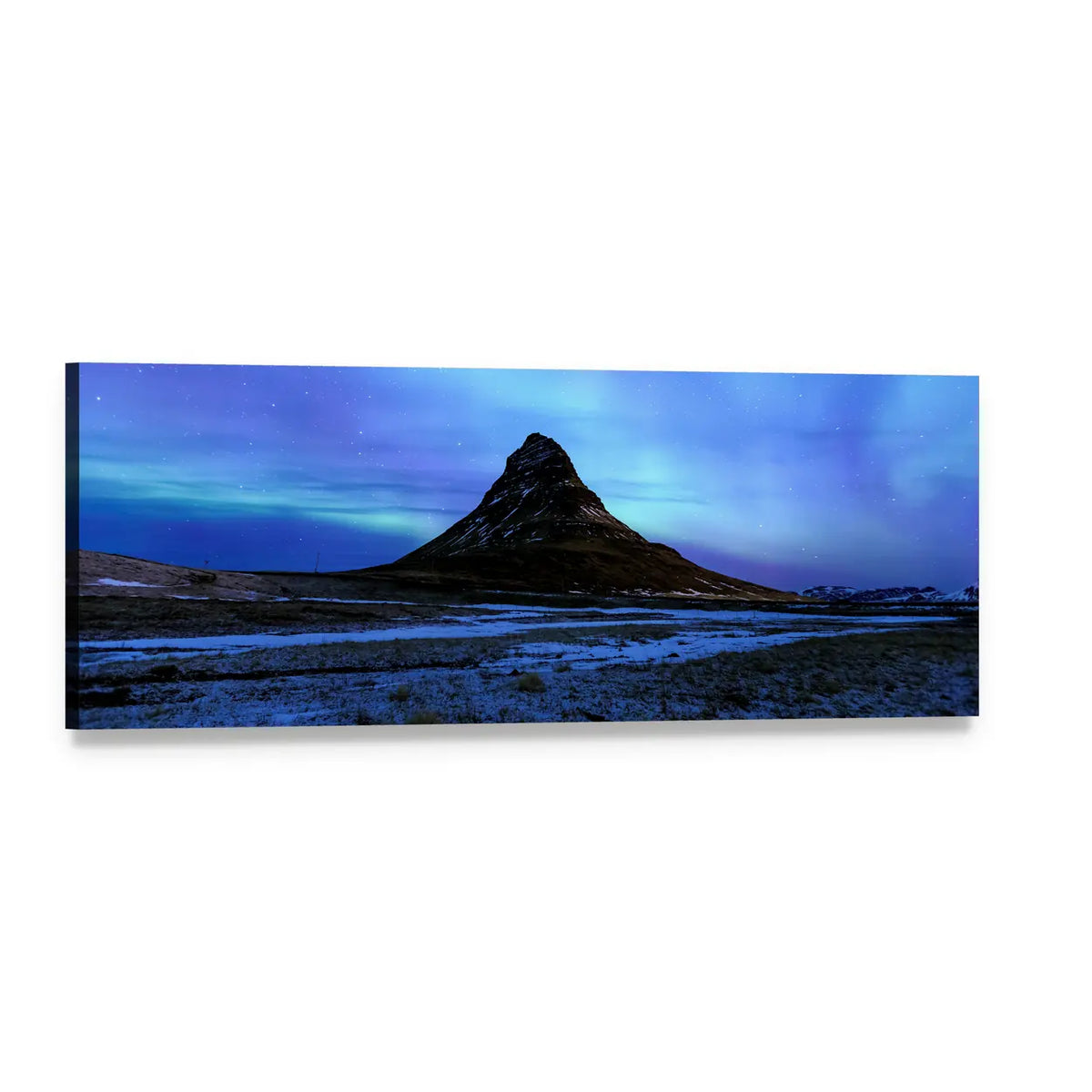 Kirkjufell Under Northern Lights Panoramic Canvas Wall Art, single panel gallery wrapped canvas, angled product view