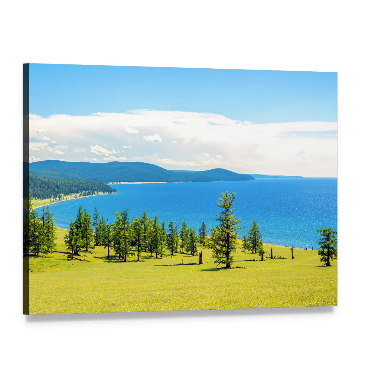 Lake Hovsgol Summer Landscape Canvas Wall Art, single panel gallery wrapped canvas, angled product view