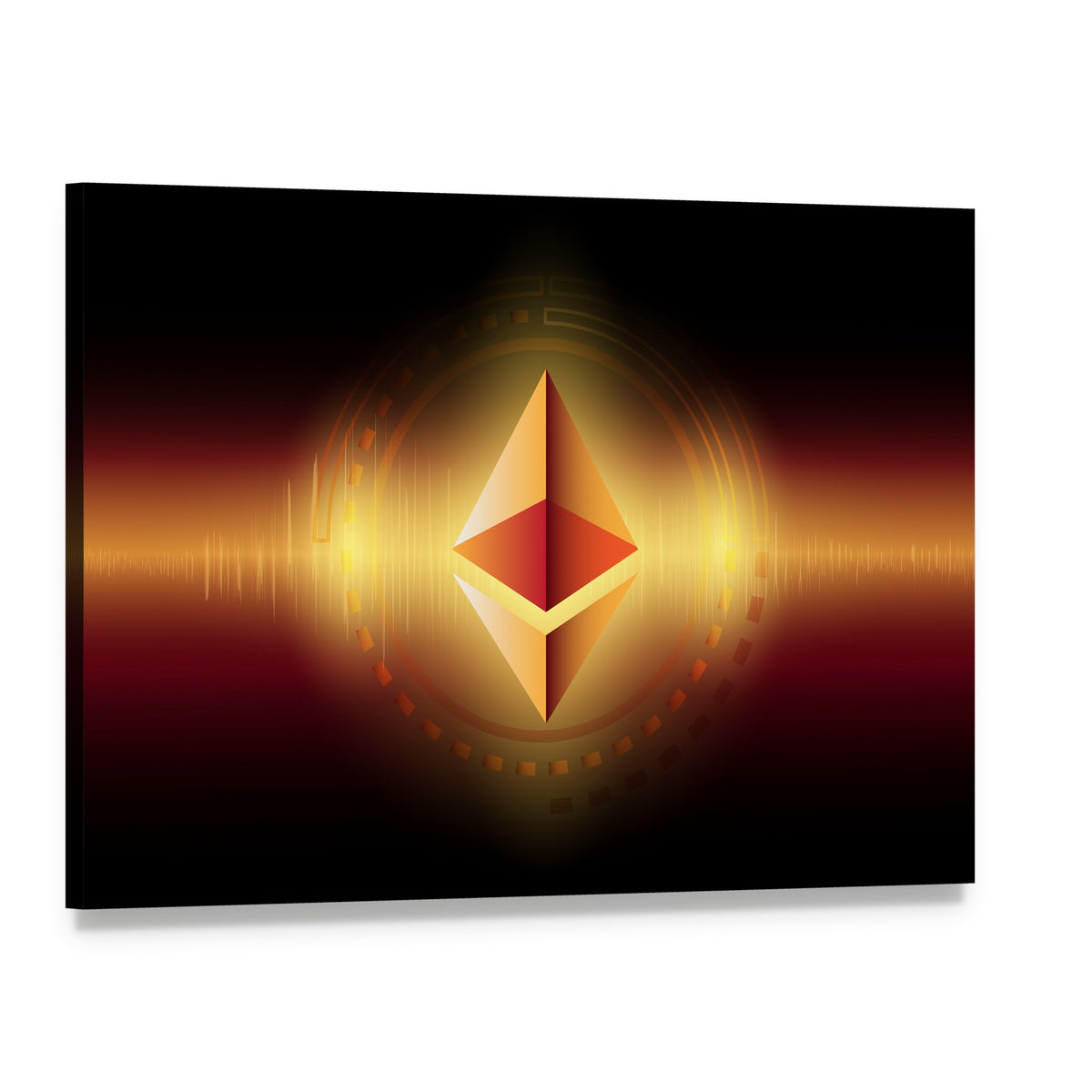Golden Ethereum Symbol with Sound Wave Canvas Wall Art, single panel gallery wrapped canvas, angled product view