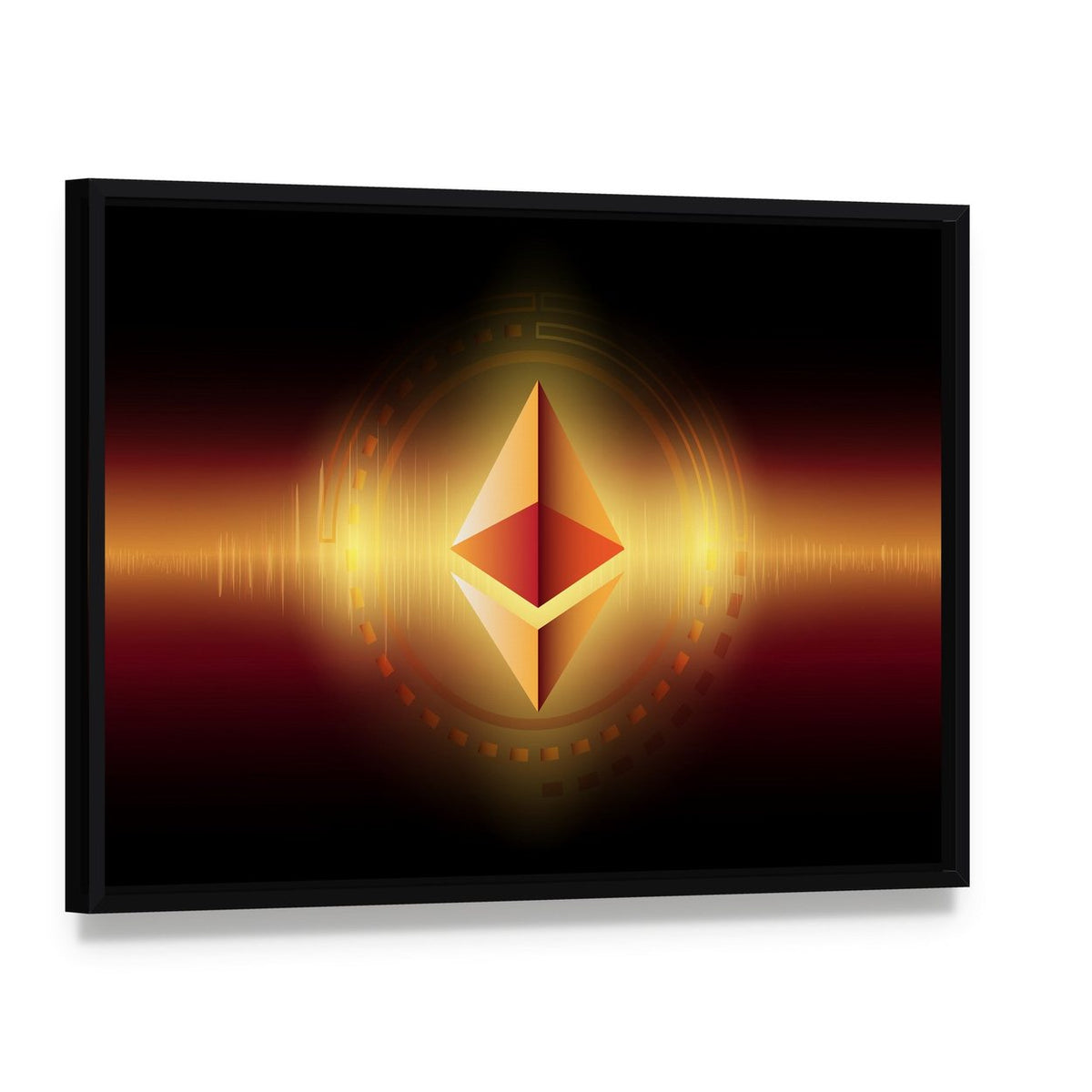 Golden Ethereum Symbol with Sound Wave Canvas Wall Art, framed canvas in a black floater frame, angled product view
