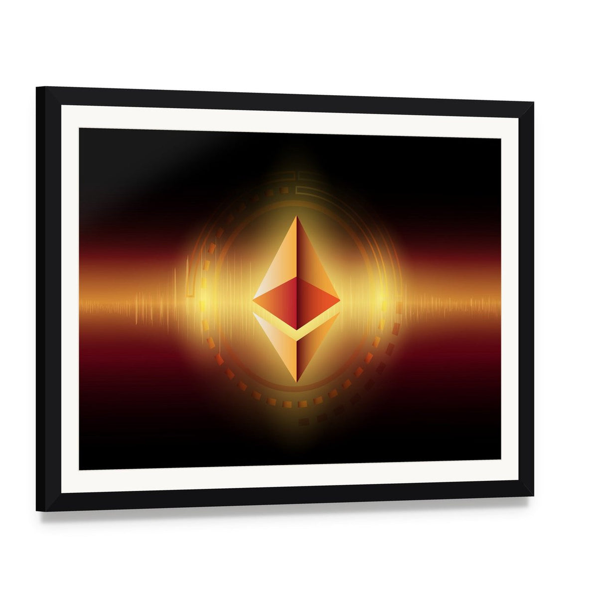 Golden Ethereum Symbol with Sound Wave Canvas Wall Art, framed print with white mat and black frame, angled product view