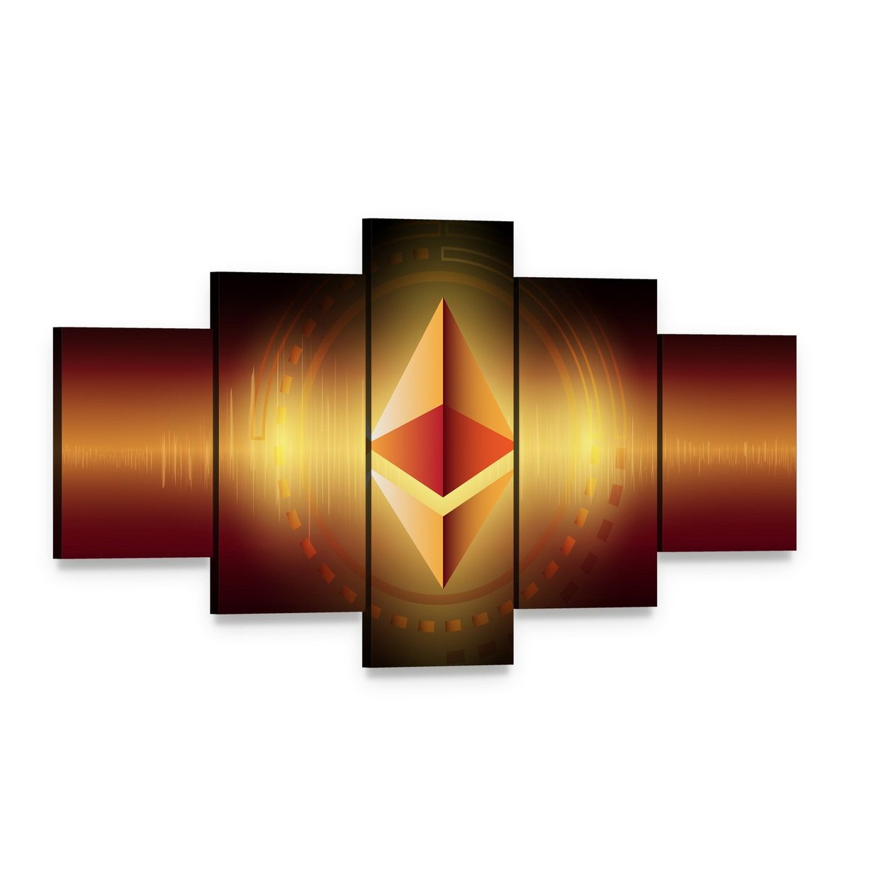 Golden Ethereum Symbol with Sound Wave Canvas Wall Art, 5 panel 5 Star layout gallery wrapped canvas set, angled product view