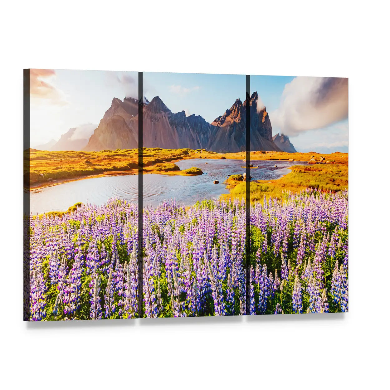 Purple Lupine Field with Mountains Canvas Wall Art, 3 panel 3 Horizontal layout gallery wrapped canvas set, angled product view
