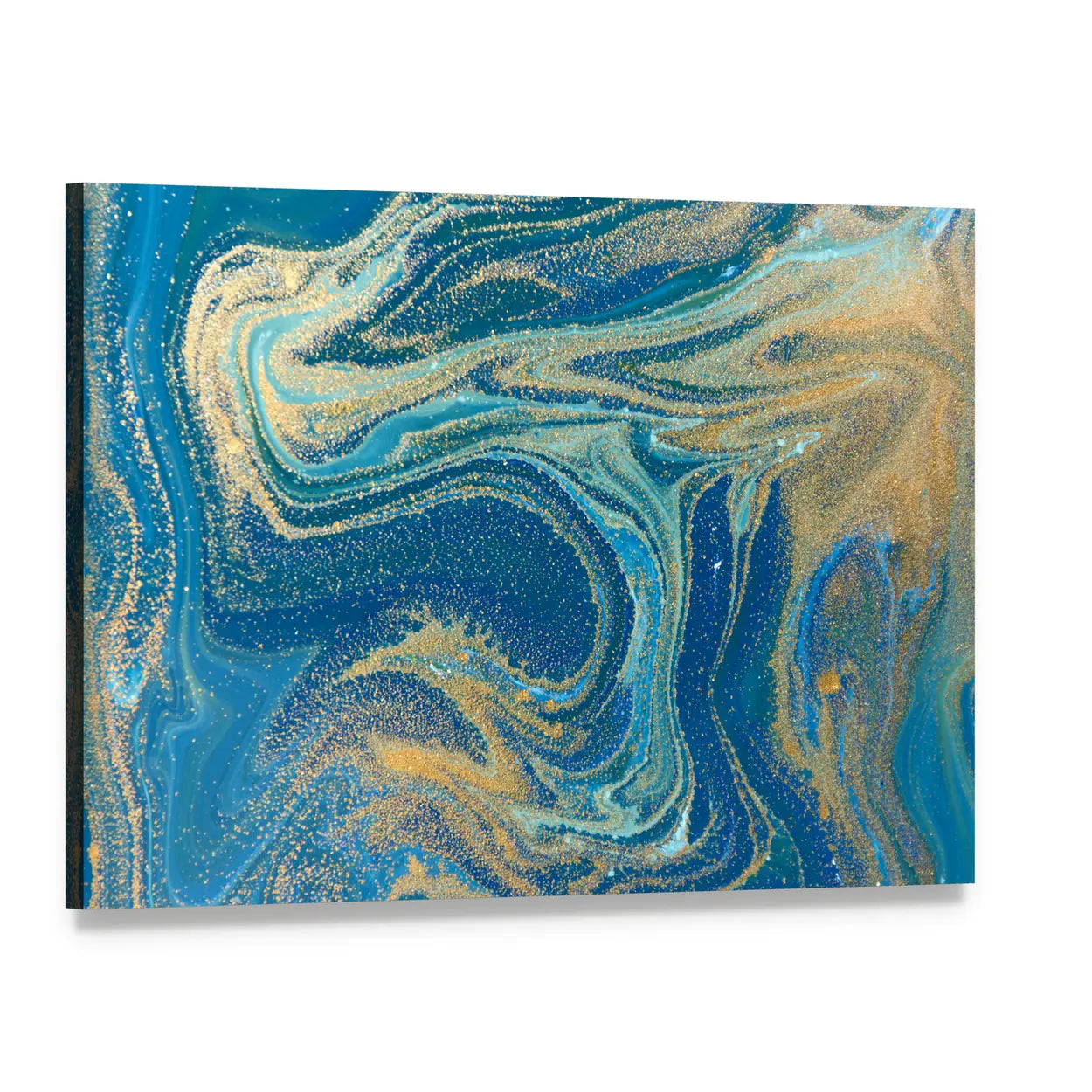 Blue and Gold Fluid Abstract Canvas Wall Art, single panel gallery wrapped canvas, angled product view