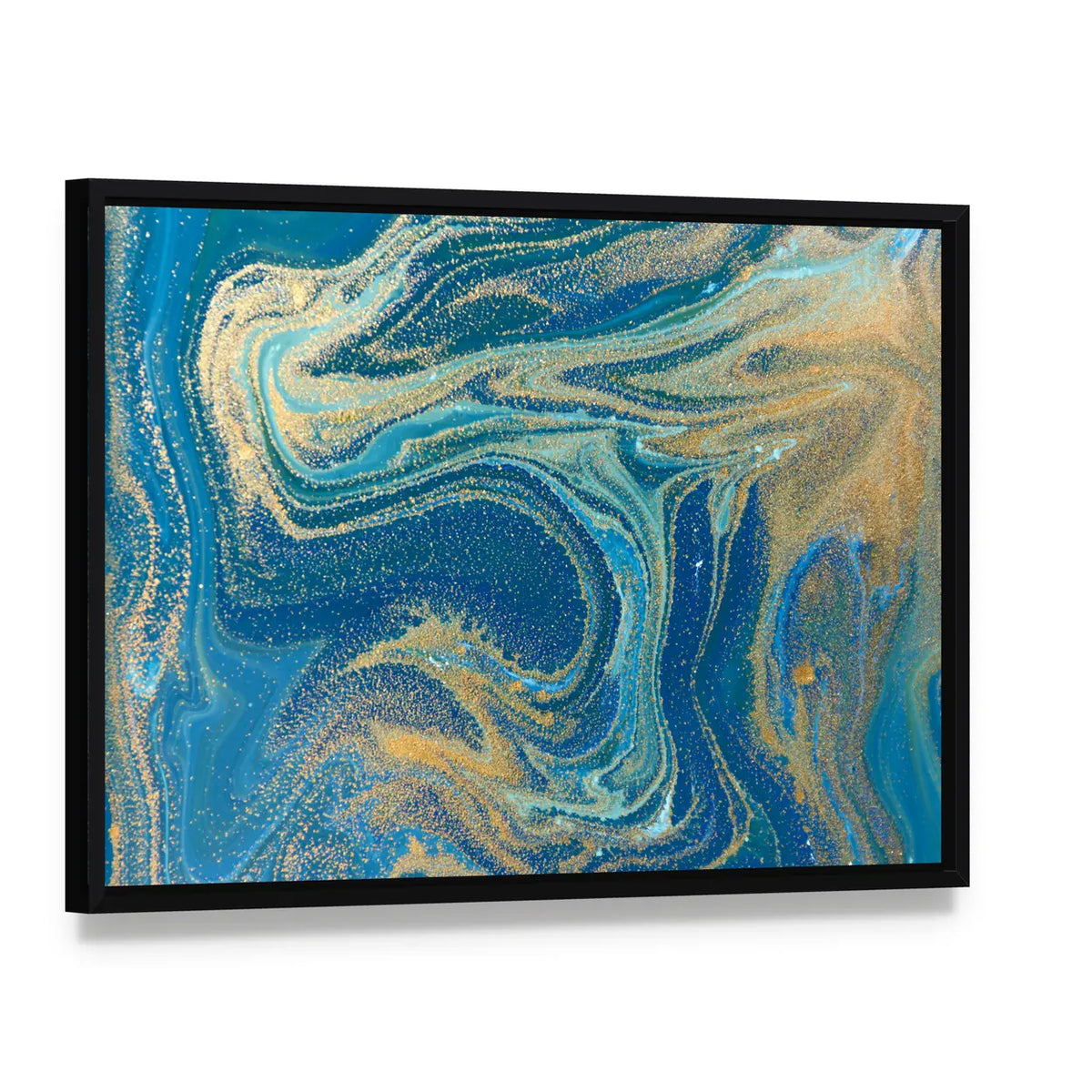 Blue and Gold Fluid Abstract Canvas Wall Art, framed canvas in a black floater frame, angled product view