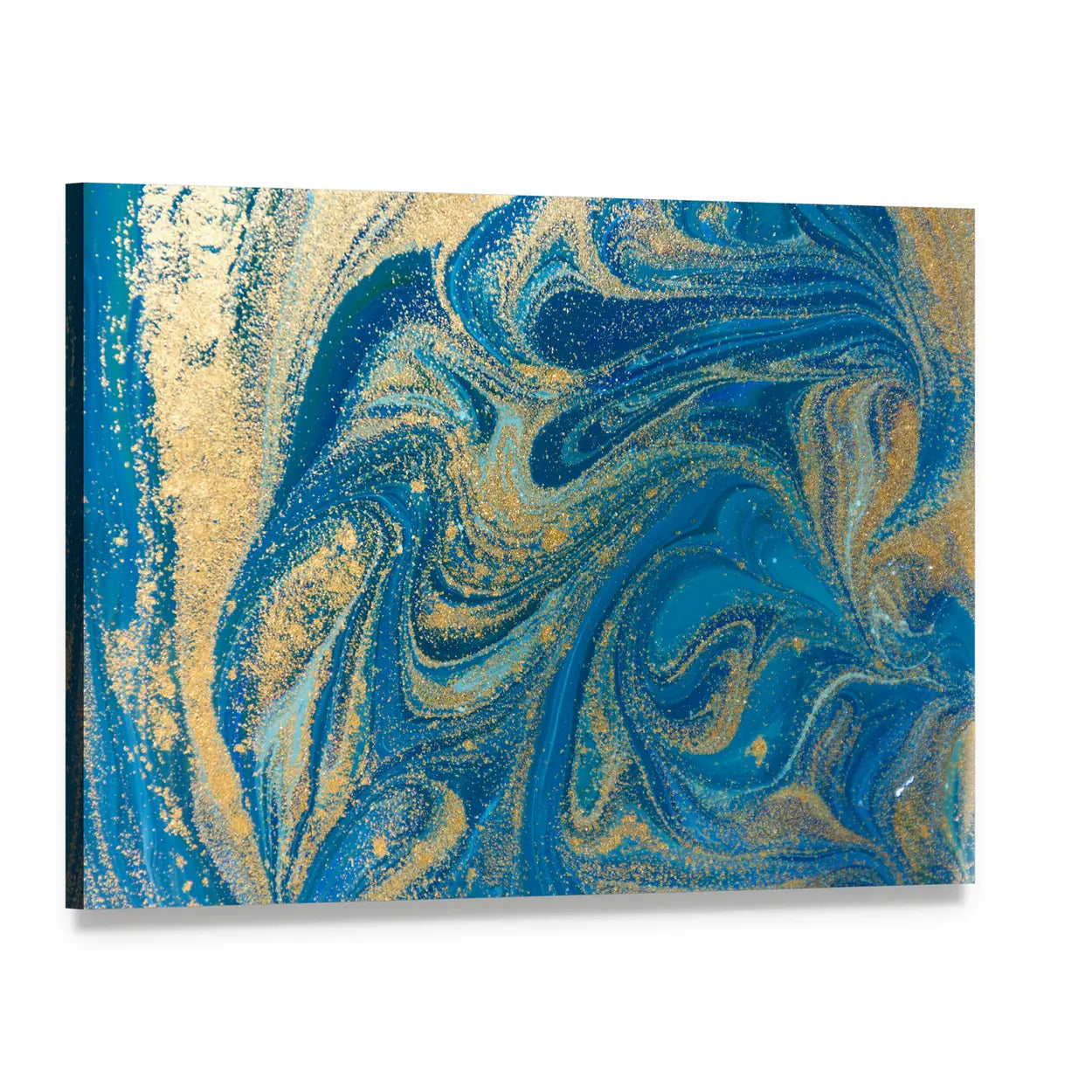 Hand Drawn Blue and Gold Marbling Canvas Wall Art, single panel gallery wrapped canvas, angled product view