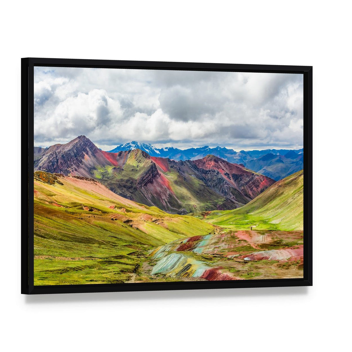 Vibrant Rainbow Mountain in Peru Canvas Wall Art, framed canvas in a black floater frame, angled product view