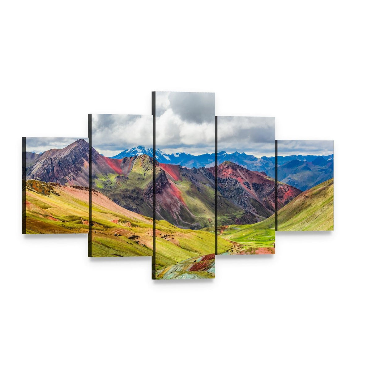 Vibrant Rainbow Mountain in Peru Canvas Wall Art, 5 panel 5 Star layout gallery wrapped canvas set, angled product view