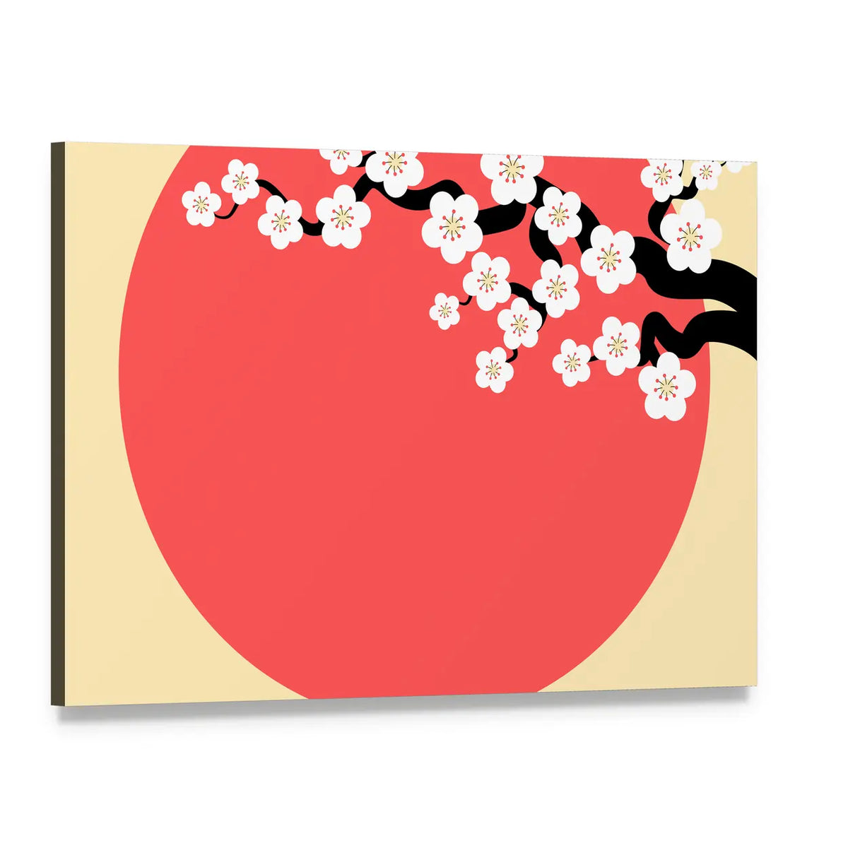 Minimalist Cherry Blossom with Red Sun Canvas Wall Art, single panel gallery wrapped canvas, angled product view