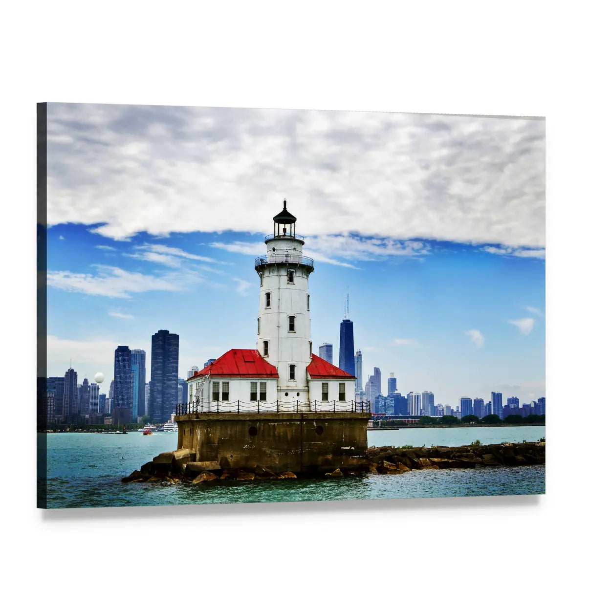 Chicago Lighthouse and City Skyline Canvas Wall Art, single panel gallery wrapped canvas, angled product view