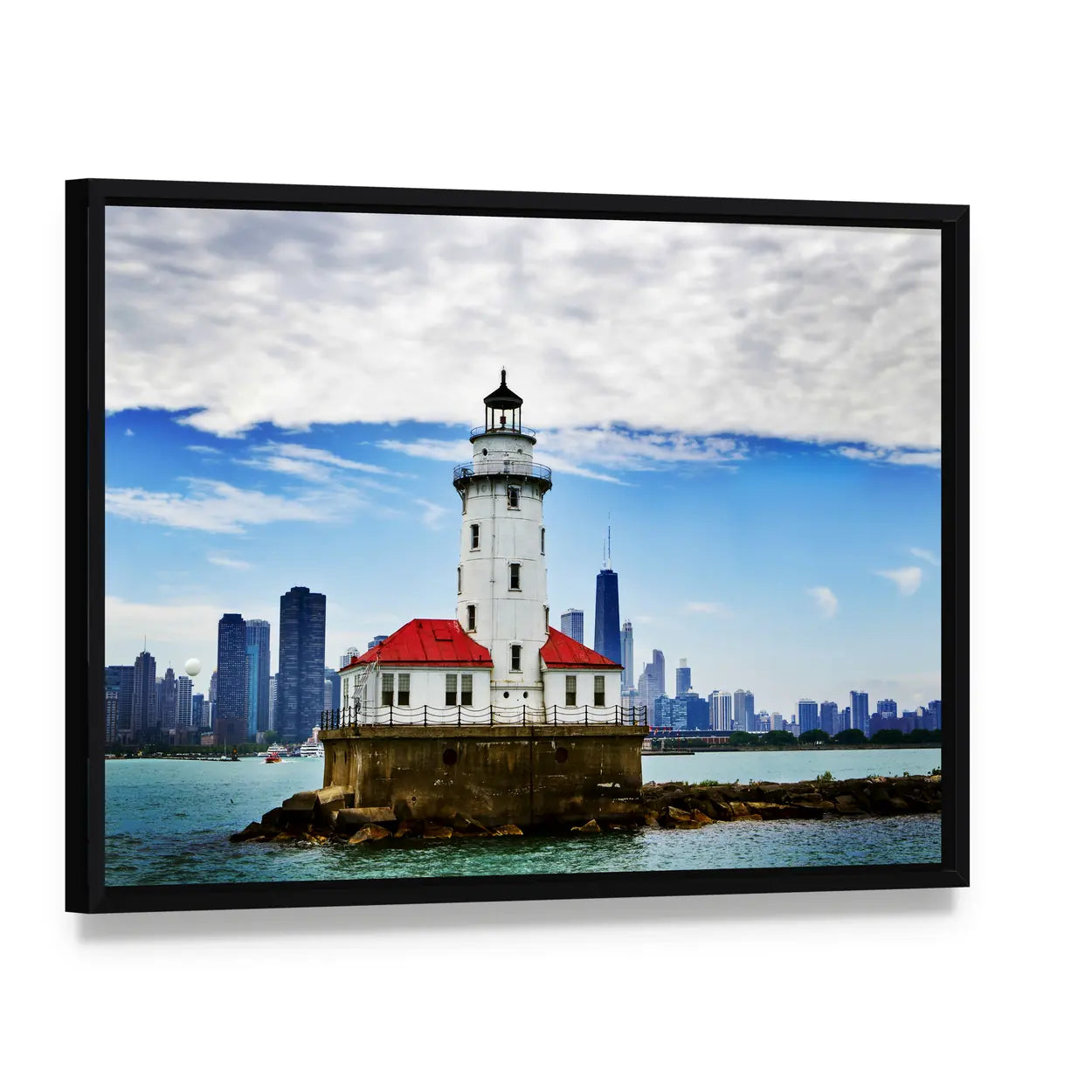 Chicago Lighthouse and City Skyline Canvas Wall Art, framed canvas in a black floater frame, angled product view