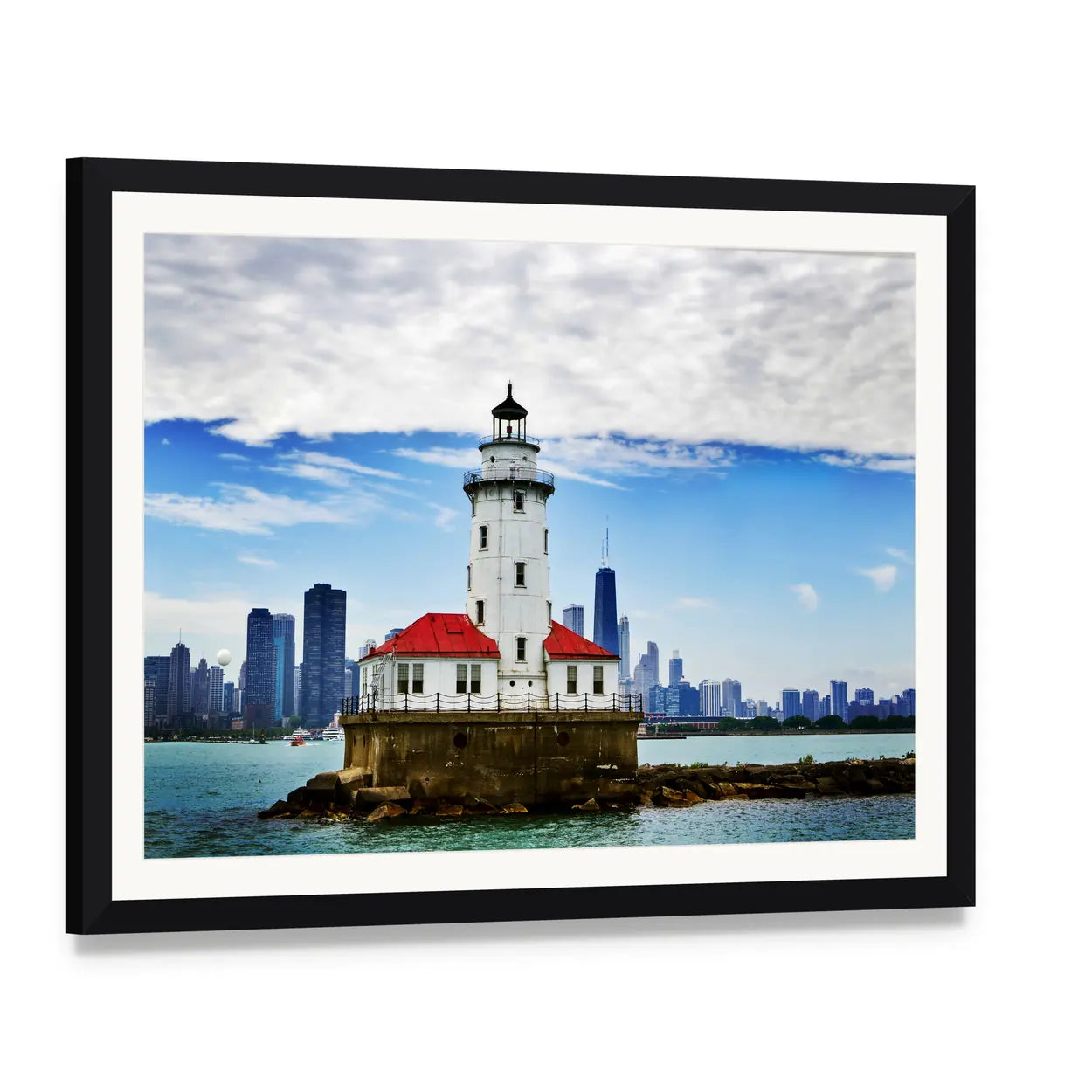 Chicago Lighthouse and City Skyline Canvas Wall Art, framed print with white mat and black frame, angled product view