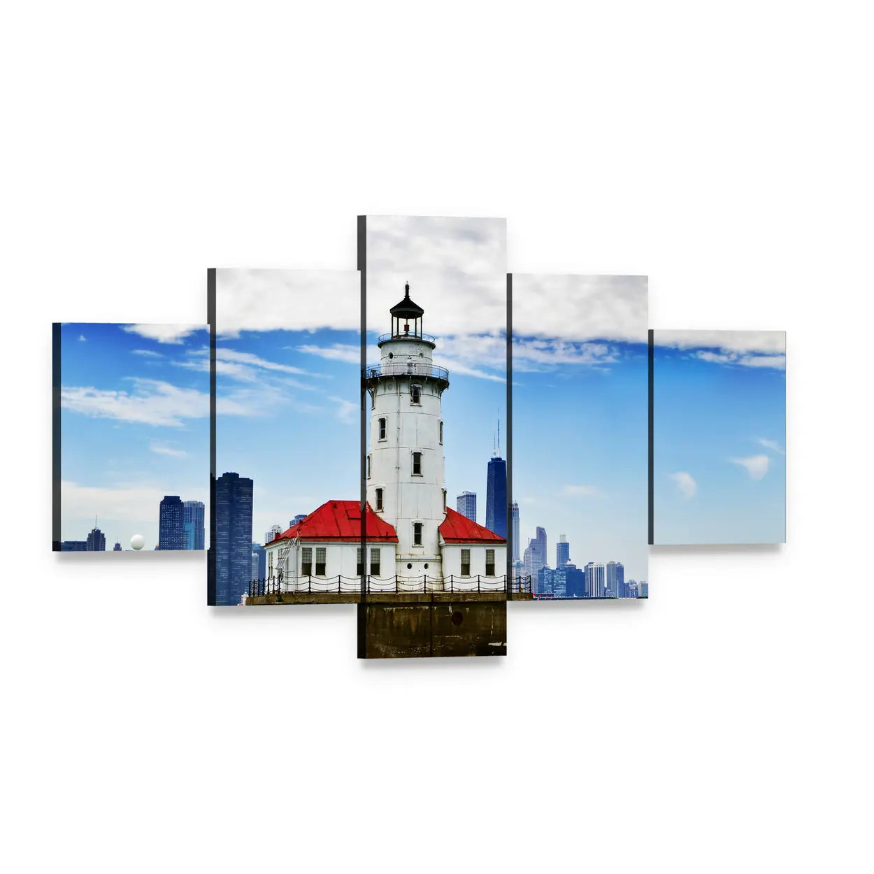 Chicago Lighthouse and City Skyline Canvas Wall Art, 5 panel 5 Star layout gallery wrapped canvas set, angled product view
