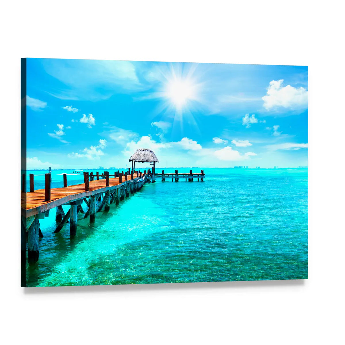Sunlit Wooden Pier and Thatched Hut Canvas Wall Art, single panel gallery wrapped canvas, angled product view