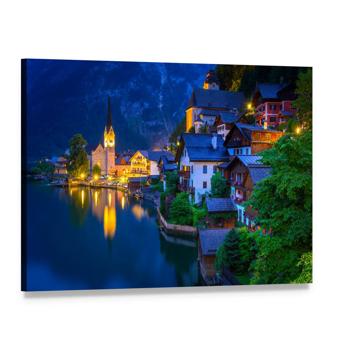 Hallstatt Village at Dusk Canvas Wall Art, single panel gallery wrapped canvas, angled product view