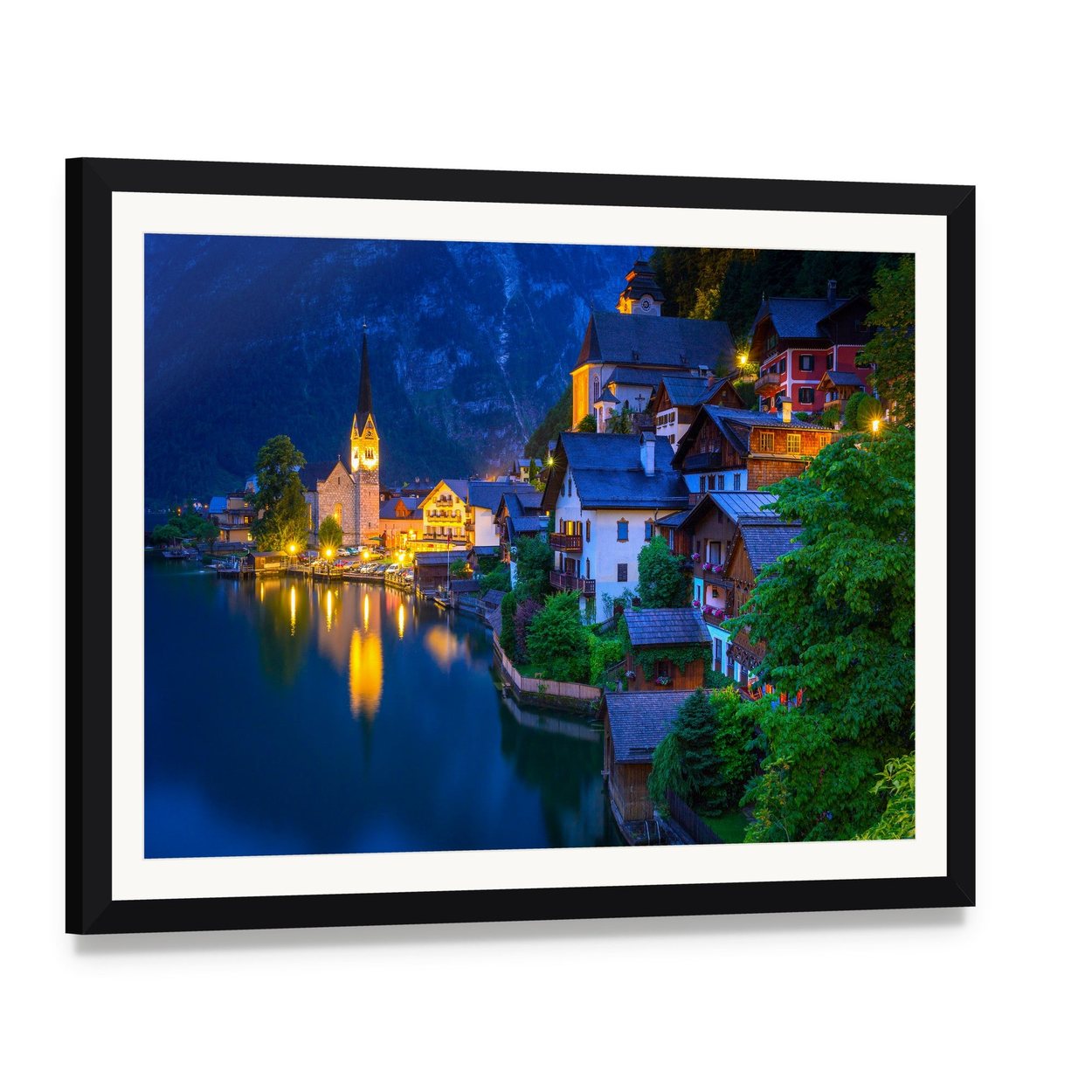 Hallstatt Village Illuminated at Dusk Canvas Wall Art, framed print with white mat and black frame, angled product view