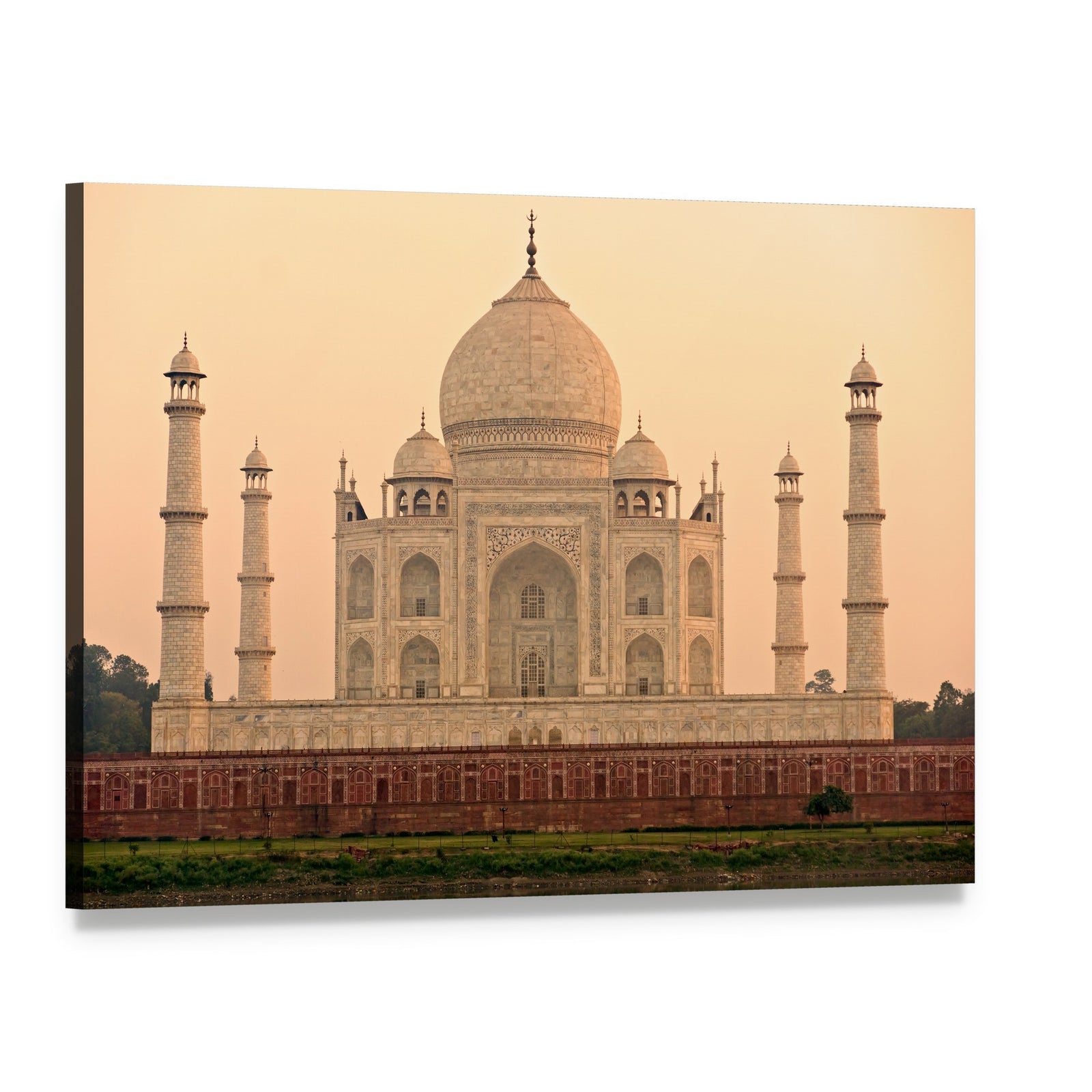 Taj Mahal at Sunrise Canvas Wall Art, single panel gallery wrapped canvas, angled product view