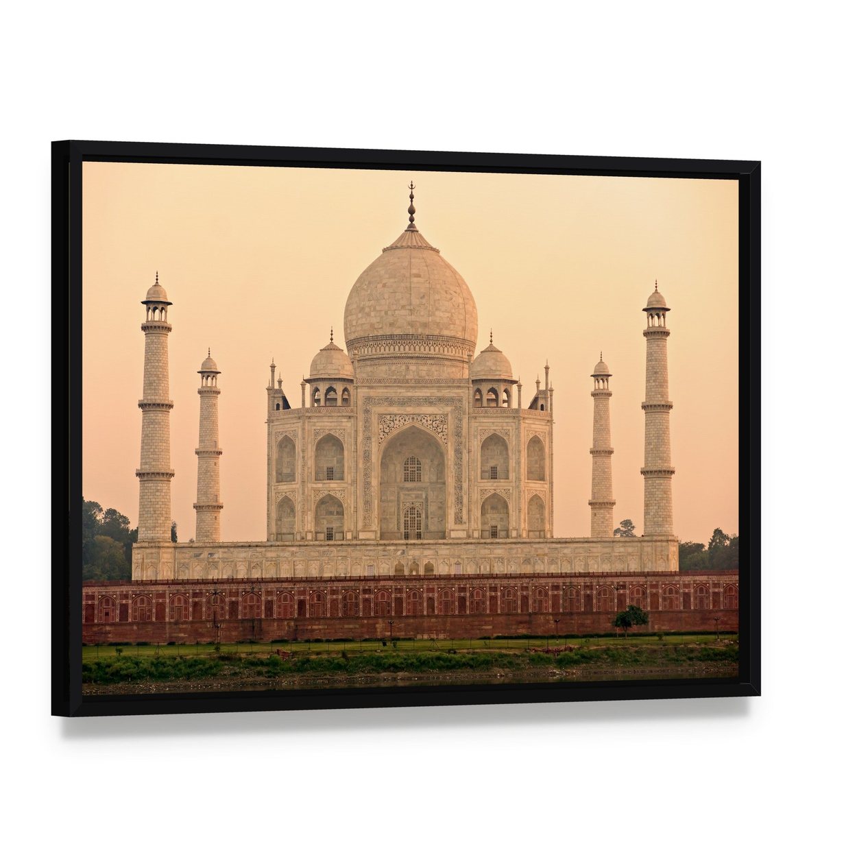 Taj Mahal at Sunrise Canvas Wall Art, framed canvas in a black floater frame, angled product view