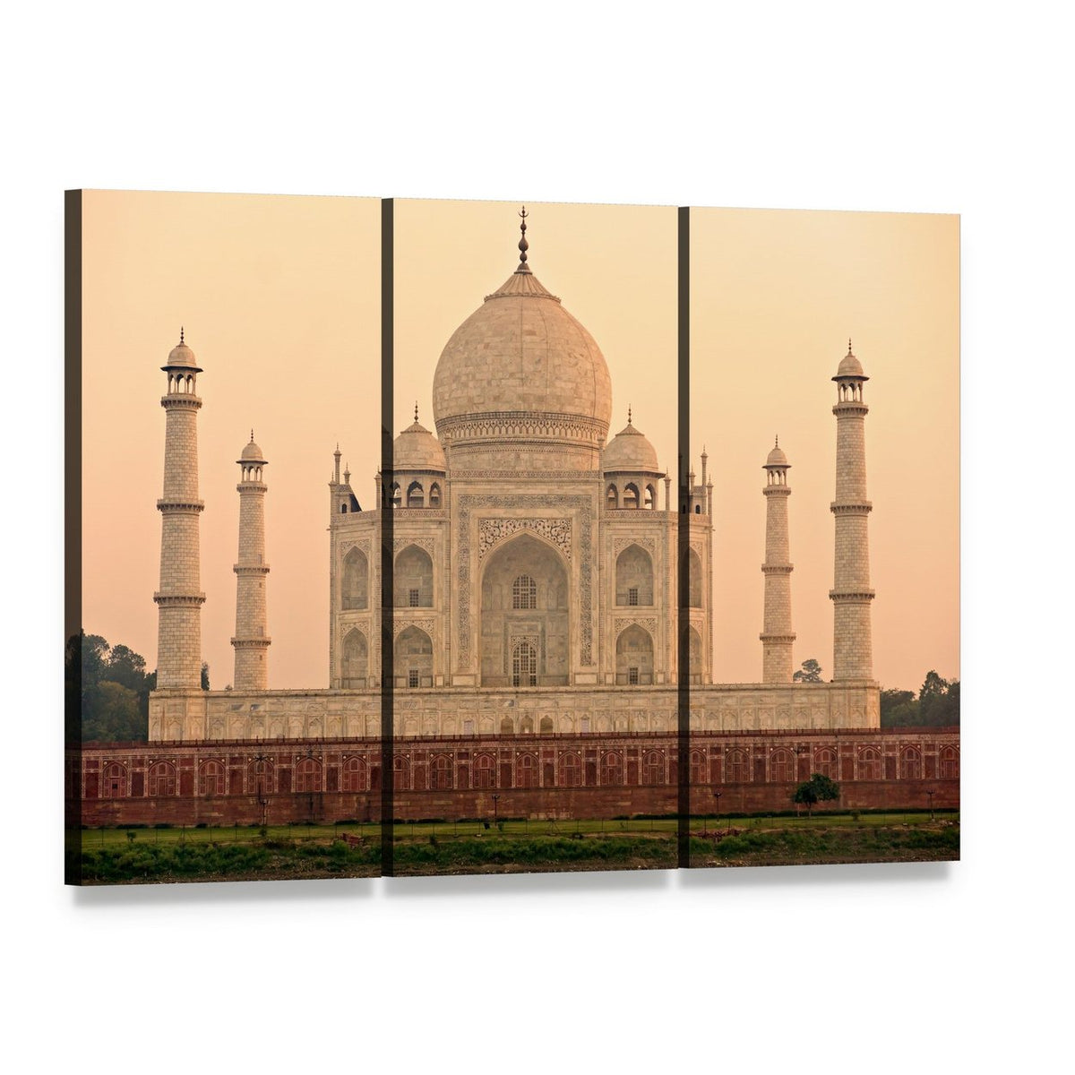 Taj Mahal at Sunrise Canvas Wall Art, 3 panel 3 Horizontal layout gallery wrapped canvas set, angled product view