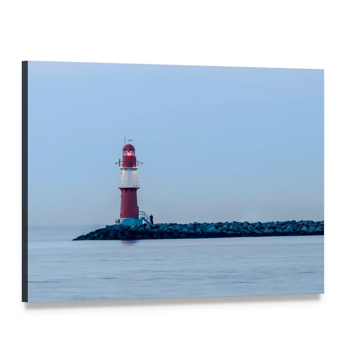 Red and White Lighthouse on Rocky Pier Canvas Wall Art, single panel gallery wrapped canvas, angled product view