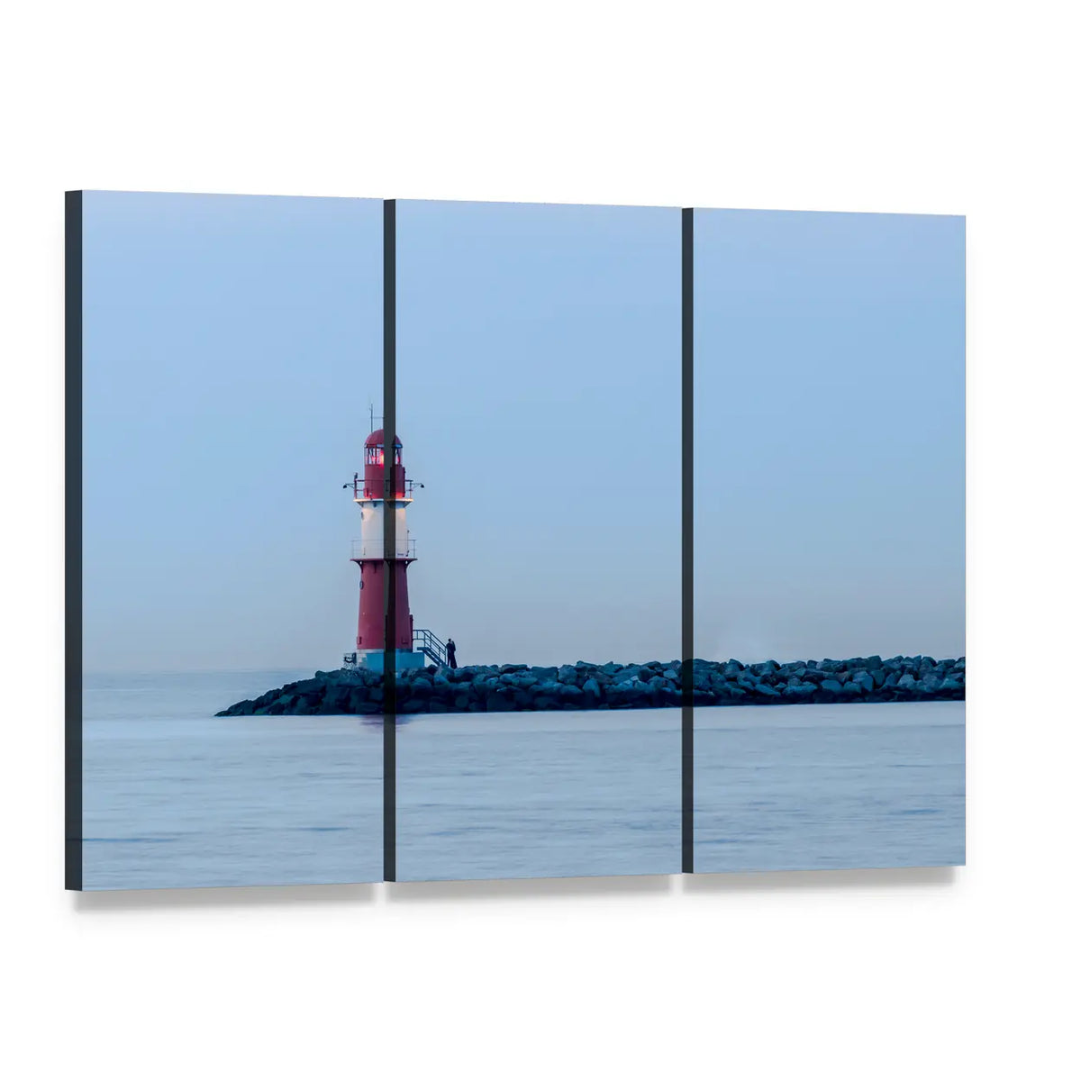 Red and White Lighthouse on Rocky Pier Canvas Wall Art, 3 panel 3 Horizontal layout gallery wrapped canvas set, angled product view
