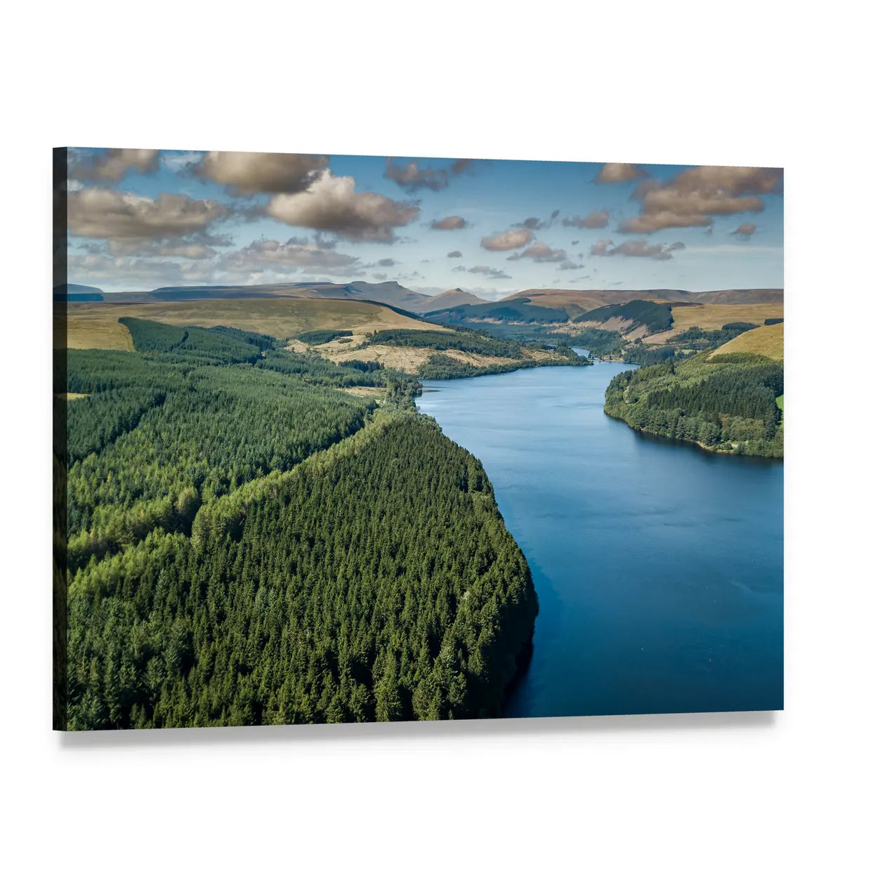Aerial View of Mountain Reservoir and Dam Canvas Wall Art, single panel gallery wrapped canvas, angled product view