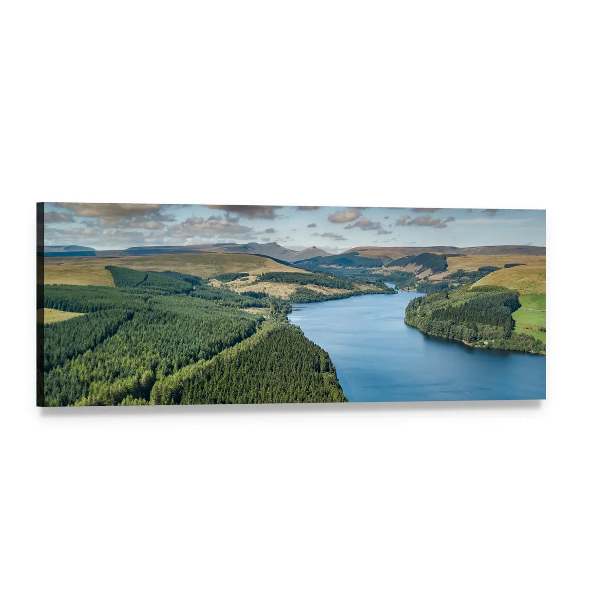 Mountain Reservoir and Rolling Hills Panoramic Canvas Wall Art, single panel gallery wrapped canvas, angled product view
