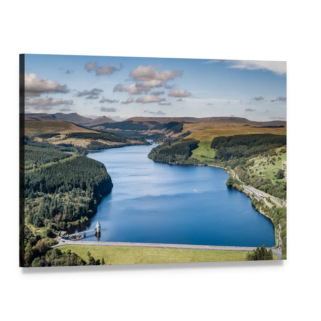 Mountain Valley Reservoir with Dam Canvas Wall Art, single panel gallery wrapped canvas, angled product view