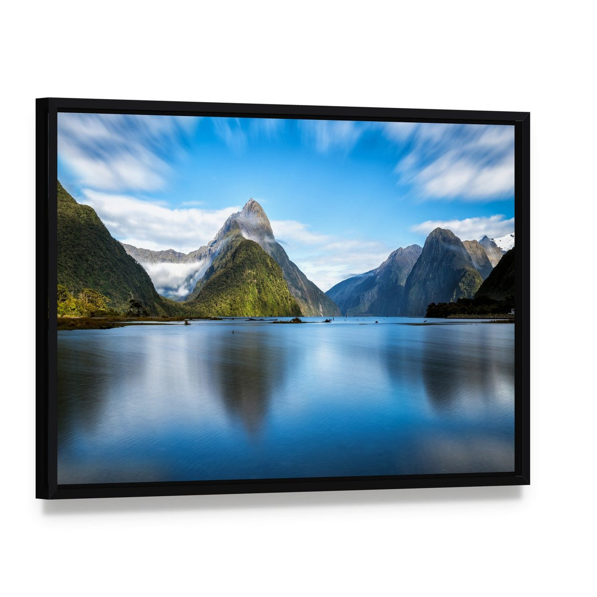 Mitre Peak, New Zealand Canvas Wall Art, framed canvas in a black floater frame, angled product view