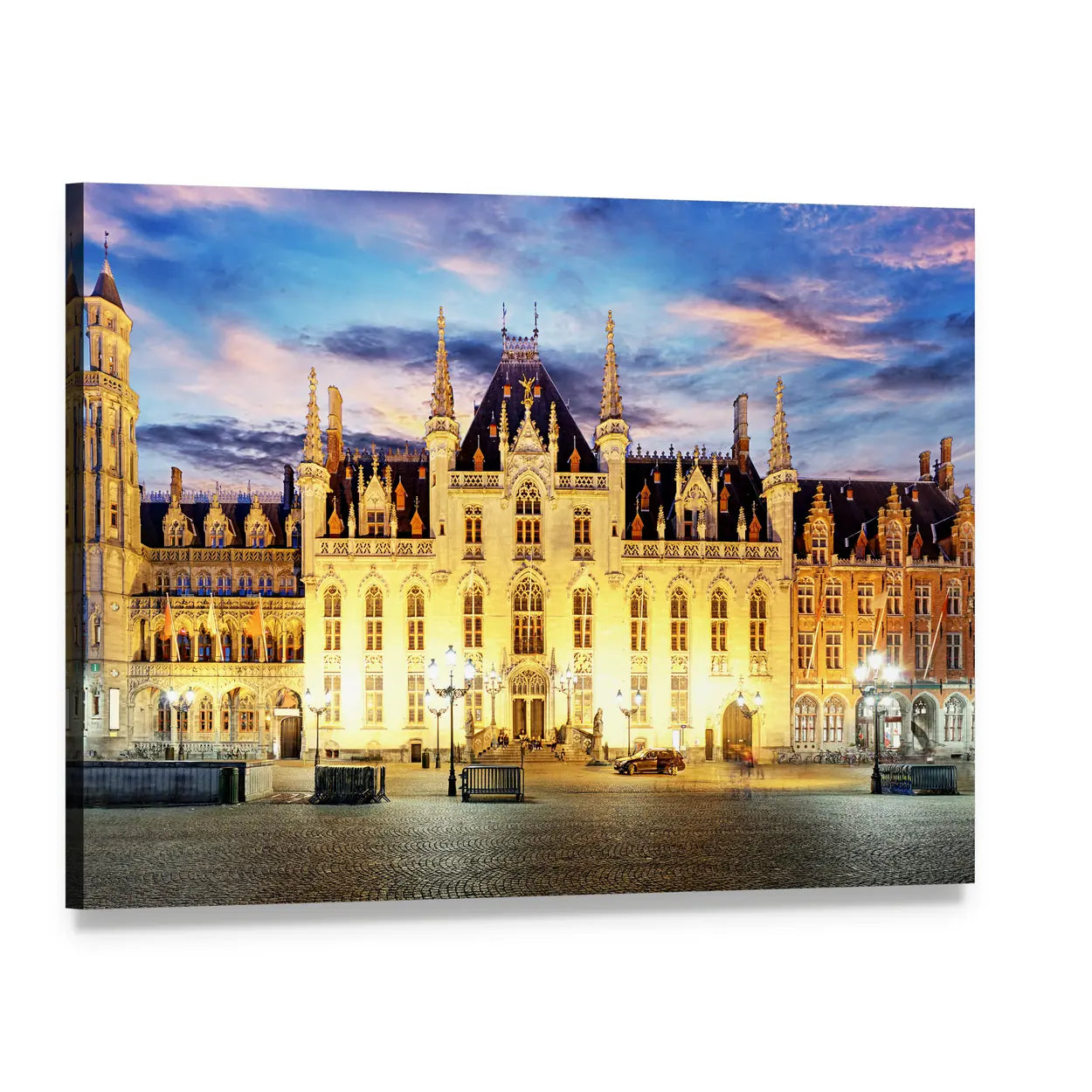 Grote Markt Square, Bruges at Dusk Canvas Wall Art, single panel gallery wrapped canvas, angled product view