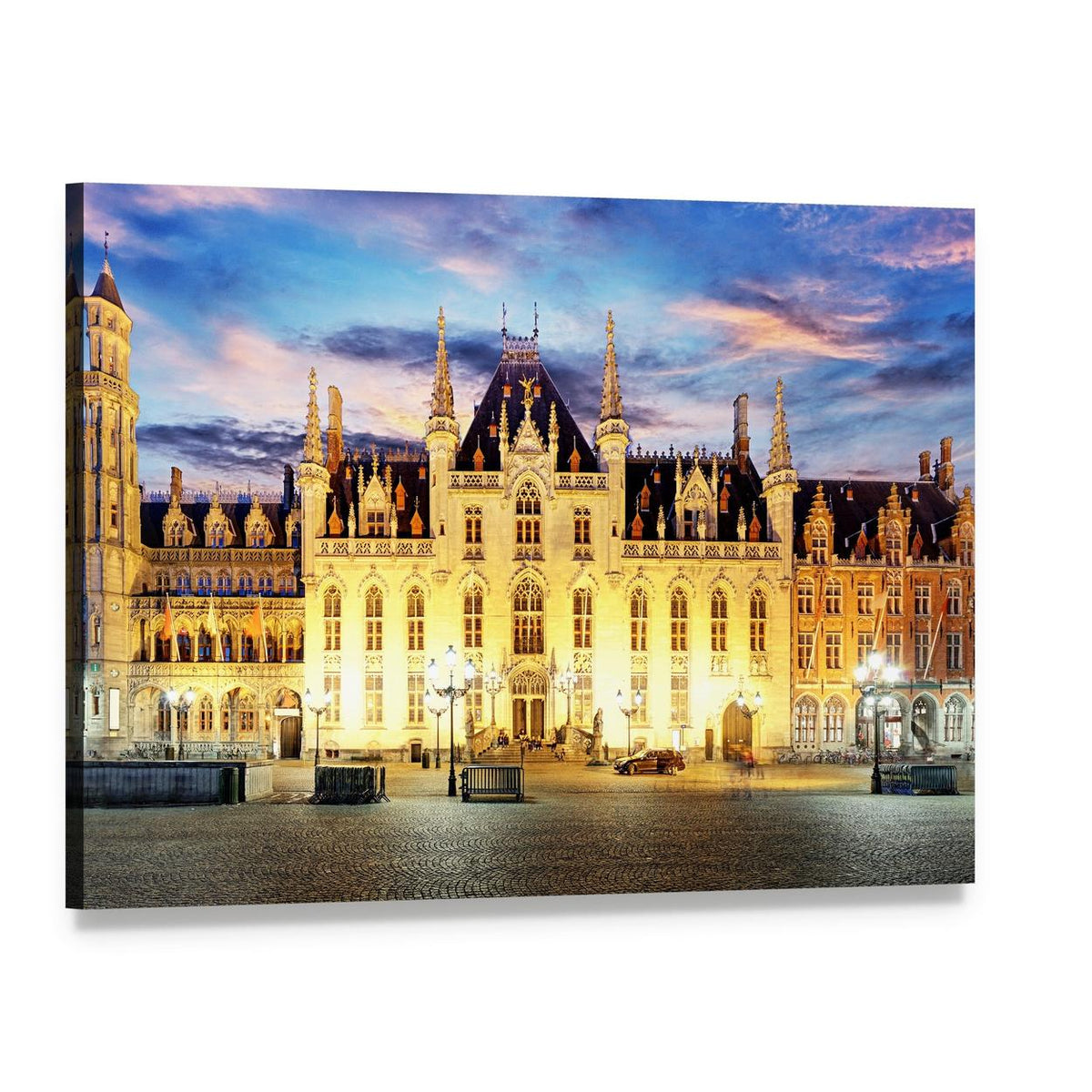 Grote Markt Bruges at Dusk Canvas Wall Art, single panel gallery wrapped canvas, angled product view