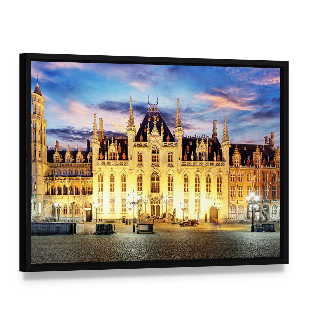 Grote Markt Bruges at Dusk Canvas Wall Art, framed canvas in a black floater frame, angled product view