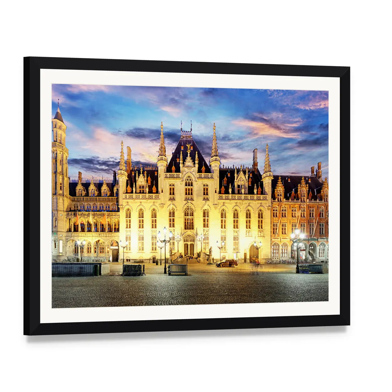 Grote Markt Square, Bruges at Dusk Canvas Wall Art, framed print with white mat and black frame, angled product view