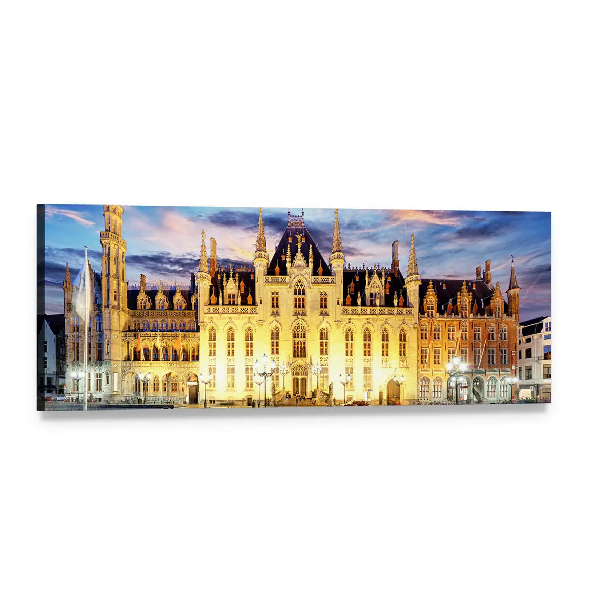 Grote Markt Bruges at Sunset Panoramic Canvas Wall Art, single panel gallery wrapped canvas, angled product view
