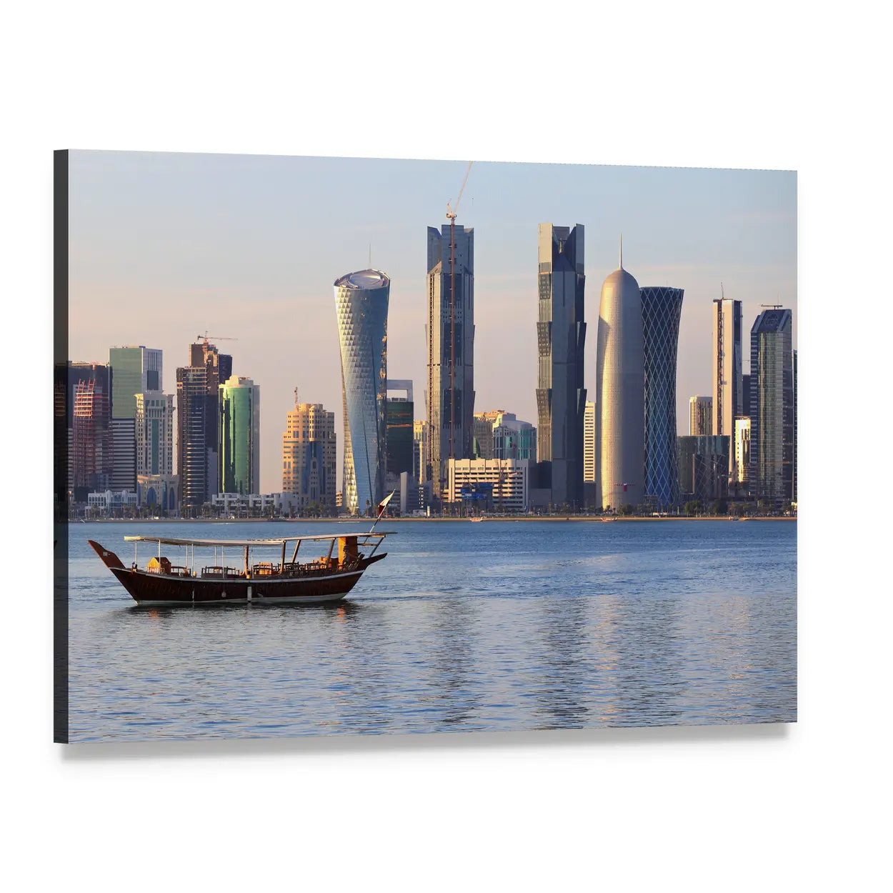 Doha City Skyline with Traditional Dhow Canvas Wall Art, single panel gallery wrapped canvas, angled product view