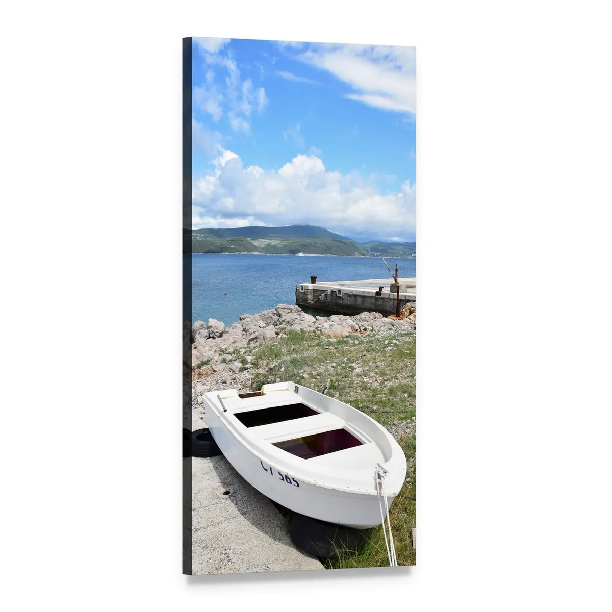 White Rowboat on Calm Lake Vertical Canvas Wall Art, 1 panel 1 Vertical layout gallery wrapped canvas set, angled product view